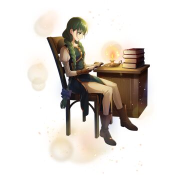 1girl ankle_boots arms_behind_back artist_request black_ribbon blush book book_stack boots braid braided_ponytail breasts brown_boots brown_gloves candle candlelight chair closed_mouth desk eyelashes from_side full_body game_cg gloves green_eyes green_hair green_tunic hair_ribbon hands_up high_heel_boots high_heels holding holding_book indoors light_particles long_hair long_sleeves looking_at_object looking_at_viewer low_twin_braids multiple_braids official_art on_chair pants raised_eyebrows reading ribbon rishia_ivyred shirt side_slit simple_background sitting sleeveless_tunic small_breasts smile solo tate_no_yuusha_no_nariagari tate_no_yuusha_no_nariagari_rerise transparent_background tunic turtleneck_tunic twin_braids white_pants white_shirt wooden_chair wooden_desk