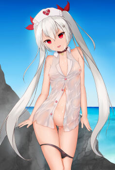 Rule 34 | 1girl, absurdres, after vaginal, aftersex, azur lane, bare shoulders, beach, black panties, bottomless, bow, bow panties, breasts, collar, cum, cum in mouth, cum in pussy, cum on body, cum on hair, cumdrip, facial, fang, fang out, fei xuan, hair between eyes, heart, highres, long hair, looking at viewer, medium breasts, nipples, no pussy, outdoors, panties, panty pull, public indecency, pussy, pussy juice, red eyes, red ribbon, ribbon, see-through clothes, silver hair, slit pupils, solo, twintails, underwear, vampire, vampire (azur lane), very long hair