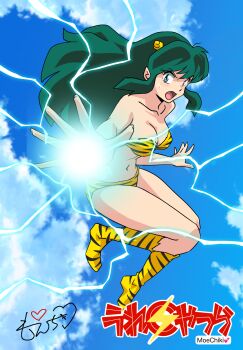 1girl animal_print bikini blue_sky boots breasts cleavage cloud cloudy_sky collarbone commentary_request cone_horns electricity faux_retro_artstyle flying frown full_body green_hair highres horns knee_boots long_hair looking_at_viewer lum moechiki navel open_mouth pointy_ears print_bikini print_boots sidelocks signature sky solo swimsuit tiger_print urusei_yatsura