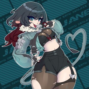 Rule 34 | 1girl, absurdres, animal ears, black hair, black shorts, blue eyes, boots, breasts, brown pantyhose, brown thighhighs, character name, coat, commentary, cowboy shot, curvy, ear piercing, english commentary, eyebrows hidden by hair, fingernails, gradient hair, grey boots, grey coat, heart, heart tail, high heel boots, high heels, highres, holding, holding knife, jane doe (zenless zone zero), knife, licking, long hair, looking at viewer, lucashtail, mechanical tail, medium breasts, midriff, mouse ears, mouse girl, mouse tail, multicolored hair, nail polish, navel, outline, pantyhose, piercing, prehensile tail, red hair, red nails, shorts, single leg pantyhose, single thighhigh, sleeveless, tail, teeth, thick thighs, thighhighs, thighs, tongue, tongue out, torn clothes, torn pantyhose, torn thighhighs, two-tone hair, upper teeth only, zenless zone zero