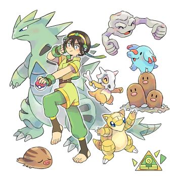 1girl adapted_costume avatar:_the_last_airbender avatar_legends black_hair bone crossover cubone dugtrio fingerless_gloves gen_1_pokemon gen_2_pokemon geodude gloves mojgon nintendo odd_one_out phanpy poke_ball poke_ball_(basic) pokemon pokemon_(creature) sandshrew simple_background smile swinub tail toeless_legwear toph_beifong tyranitar