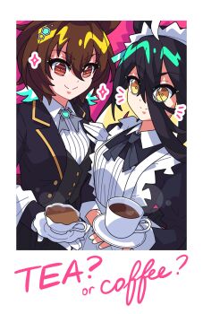 Rule 34 | 2girls, absurdres, agnes tachyon (umamusume), ahoge, animal ears, apron, black dress, black hair, black jacket, black pants, black vest, brown hair, butler, closed mouth, coffee, commentary request, cup, dress, ear tag, earrings, hair between eyes, highres, holding, holding saucer, horse ears, horse girl, jacket, jewelry, long bangs, long hair, long hair between eyes, long sleeves, looking at viewer, maid, maid apron, maid headdress, manhattan cafe (umamusume), medium hair, multicolored hair, multiple girls, open clothes, open jacket, pants, red eyes, saucer, scalizo, shirt, single earring, smile, tea, teacup, umamusume, very long hair, vest, white apron, white hair, white headdress, white shirt, yellow eyes