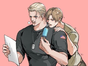 2boys american_flag arm_up belt black_pants black_shirt blonde_hair blue_eyes brown_belt commentary english_commentary food grey_shirt hair_behind_ear hair_slicked_back hand_on_another's_shoulder holding holding_food holding_paper holding_popsicle hot jack_krauser leaning_on_person leon_s._kennedy looking_at_object male_focus multiple_boys multiple_scars pants paper parted_bangs popsicle puff_of_air reading red_background resident_evil resident_evil_4 scar scar_on_arm scar_on_face scar_on_mouth shirt short_sleeves simple_background standing sweat sweatdrop upper_body uuchipmunk