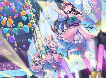 3girls :d anyoji_hime arm_up ascot balloon black_ribbon blonde_hair blue_eyes blue_hair blunt_bangs breasts brown_hair brown_shoes commentary dancing dream_believers dress flats flower frilled_dress frills fujishima_megumi glowstick gradient_hair green_ascot group_name hair_flower hair_intakes hair_ornament hair_ribbon highres holding holding_glowstick holding_microphone idol indoors kneehighs layered_dress leg_up link!_like!_love_live! long_hair love_live! medium_breasts microphone mira-cra_park! multi-tied_hair multicolored_hair multiple_girls official_alternate_costume open_mouth osawa_rurino parted_bangs penlight_(glowstick) pink_dress pink_flower pink_hair pinstripe_ascot ponytail purple_eyes ribbon saidamoosu shoes short_sleeves sidelocks smile socks stage swept_bangs teeth twintails two_side_up upper_teeth_only very_long_hair virtual_youtuber white_socks