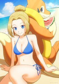 1girl absurdres arm_support beach bikini blonde_hair blue_bikini blue_eyes breasts cleavage closed_mouth cloud commentary_request day eyelashes floatzel food fruit gen_4_pokemon hair_bun highres kuroki_shigewo md5_mismatch navel nintendo ocean outdoors pokemon pokemon_(creature) pokemon_bdsp resolution_mismatch sand shore side-tie_bikini_bottom sitting sky smile source_smaller swimmer_(pokemon) swimsuit water watermelon watermelon_slice