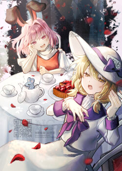 Rule 34 | 2girls, absurdres, alice's adventures in wonderland, animal ears, blonde hair, cake, capelet, cup, dress, food, frilled sleeves, frills, hat, hat ribbon, head rest, highres, long sleeves, louise (touhou), low twintails, mouse (animal), multiple girls, neckerchief, open mouth, pink eyes, pink hair, plate, purple neckerchief, purple ribbon, purple sleeves, purple trim, rabbit ears, red shirt, ribbon, rokuya (68 zusao), sara (touhou), shirt, short sleeves, table, teacup, teapot, touhou, touhou (pc-98), twintails, white capelet, white dress, white shirt, yellow eyes