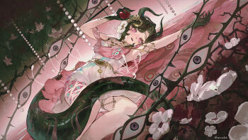 Rule 34 | 1girl, anjo nala, anjo nala (forbidden fruit), apple, armpits, arms up, artist name, black hair, commentary, demon girl, demon horns, dress, dutch angle, english commentary, eyeball, feet out of frame, flower, food, fruit, gloves, green gloves, hair flower, hair ornament, highres, holding, holding food, holding fruit, horns, lizard tail, lying, official alternate costume, on side, open mouth, purple eyes, reverse:1999, short dress, sleeveless, sleeveless dress, solo, tail, white dress, white flower, zeradok