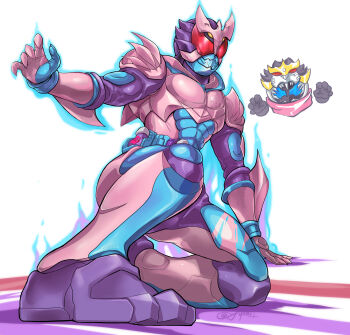 2boys animal_hood aqua_bodysuit aqua_gloves armor aura bodysuit chibi chibi_inset extra_eyes gloves glowing glowing_eyes henshin_pose highres hood huujyu kamen_rider kamen_rider_revi kamen_rider_revice kamen_rider_vice landing lion lion_genome male_focus multicolored_gloves multiple_boys pink_armor pink_gloves red_eyes revice_driver splatter stamp_mark superhero_landing tokusatsu vistamp yellow_eyes