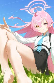1girl absurdres ahoge black_skirt blue_archive blue_eyes blue_necktie blue_sky collared_shirt commentary foreclosure_task_force_(blue_archive) halo heterochromia highres hoshino_(blue_archive) huge_ahoge necktie no_shoes on_grass pink_hair pink_halo shirt skirt sky symbol-only_commentary tabulagami white_shirt yellow_eyes