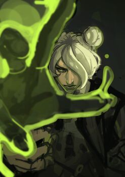 Rule 34 | 1girl, absurdres, deadlock (game), double bun, fire, graves (deadlock), green background, green fire, hair bun, hair over one eye, head down, head tilt, highres, holding limb, krannery, looking at viewer, necromancer, pale skin, reaching, reaching towards viewer, severed hand, solo, upturned eyes, white hair