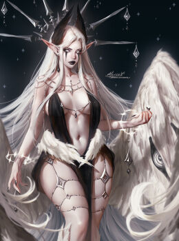 1girl aleriia_v arkilia_(aleriia_v) artist_name black_dress black_gem black_lips black_nails breasts breasts_apart colored_sclera commentary dark_background dress earrings english_commentary extra_eyes feather_dress feather_hair_ornament feathers fingernails gem glowing glowing_eyes grey_sclera hair_flowing_over hair_ornament halo highres jewelry large_breasts long_hair long_pointy_ears looking_at_viewer makeup navel original patreon_username pelvic_curtain pointy_ears sharp_fingernails signature sleeveless sleeveless_dress solo thighs very_long_hair watermark web_address white_eyes white_hair white_wings wings