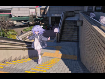 Rule 34 | 1girl, absurdres, bag, bird, blue bag, blue bow, blue bowtie, blue jacket, blurry, blurry background, bow, bowtie, collared dress, commentary, creature, dress, fang, film grain, full body, hair ribbon, highres, hood, hood down, hooded jacket, jacket, kneehighs, letterboxed, long sleeves, looking at viewer, medium hair, open clothes, open jacket, open mouth, original, outdoors, outstretched arms, photo background, pigeon, pink eyes, pink shoes, pleated dress, purple hair, ribbon, shiratsuyu mone, shoes, shoulder bag, smile, sneakers, socks, solo, spread arms, stairs, standing, untranslatable commentary, white dress, white ribbon, white socks