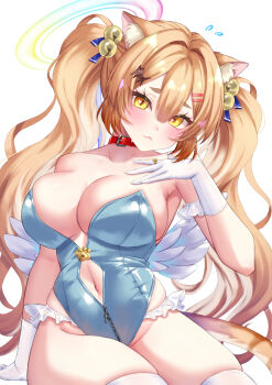 Rule 34 | 1girl, absurdres, animal collar, animal ear fluff, animal ears, bell, blonde hair, blush, breasts, closed mouth, collar, commentary request, feathered wings, flying sweatdrops, gloves, grey leotard, hair bell, hair ornament, hairpin, halo, heart, heart in eye, highres, large breasts, leotard, mary is mine, navel, nontraditional playboy bunny, original, red collar, solo, symbol in eye, thighhighs, twintails, white gloves, white thighhighs, white wings, wings, yellow eyes