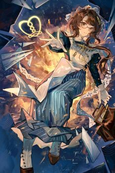 Rule 34 | 1girl, absurdres, asymmetrical bangs, blue sky, brown bag, brown hair, chinese commentary, commentary request, glasses, gloves, hair ornament, highres, hofmann knot, juliet sleeves, kakania (reverse:1999), key, long sleeves, looking at viewer, official alternate costume, outstretched hand, parted lips, pinstripe pattern, pinstripe skirt, puffy sleeves, reverse:1999, round eyewear, san sui dingshang ya, semi-rimless eyewear, sky, solo, under-rim eyewear, white gloves