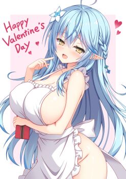 Rule 34 | 1girl, :d, ahoge, apron, arm under breasts, blue hair, blue streaks, blush, border, braid, breasts, commentary, cowboy shot, flower, frilled apron, frills, gift, groin, hair between eyes, hair flower, hair ornament, half up braid, hand up, happy valentine, heart, holding, holding gift, hololive, huge breasts, index finger raised, kanaya (cybelekanaya), long hair, multicolored hair, naked apron, open mouth, outside border, pink background, pointy ears, sideboob, simple background, smile, solo, streaked hair, valentine, very long hair, virtual youtuber, white apron, white border, white flower, yellow eyes, yukihana lamy