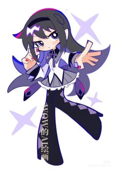1girl akemi_homura akemi_homura_(magical_girl) artist_request black_hair mahou_shoujo_madoka_magica non-web_source panty_&amp;_stocking_with_garterbelt panty_&amp;_stocking_with_garterbelt_(style) pantyhose purple_eyes source_request watermark white_background