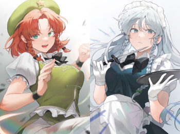 2girls absurdres alternate_hair_length alternate_hairstyle apron beret black_bow black_bowtie blue_dress blush bow bowtie braid braided_sidelock breasts clenched_hand commentary curtained_hair dress english_commentary fighting_stance fingernails floating floating_object floating_weapon frilled_apron frilled_sleeves frills gloves green_bow green_hat green_vest grey_hair hair_bow hat hat_ornament highres holding holding_knife holding_tray hong_meiling izayoi_sakuya knife long_hair looking_at_viewer maid maid_apron maid_headdress medium_breasts multiple_girls orange_hair pants pinafore_dress puffy_short_sleeves puffy_sleeves sarukana shirt short_hair short_sleeves sleeveless sleeveless_dress smile split_screen star_(symbol) star_hat_ornament touhou tray twin_braids upper_body very_long_hair vest waist_apron white_apron white_gloves white_pants white_shirt wristband