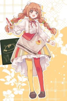 Rule 34 | 1girl, :d, apron, asymmetrical legwear, blush, braid, brown apron, brown shoes, brown skirt, center frills, chalkboard, collared dress, dress, egg hair ornament, floral background, food-themed hair ornament, fork hair ornament, frilled dress, frills, full body, hair ornament, hairclip, highres, holding, holding ladle, kirara tamako, kirara tamako (1st costume), ladle, layered sleeves, loafers, long hair, long sleeves, looking at viewer, low twin braids, maru o va, mismatched legwear, neck ribbon, nijisanji, object in pocket, open mouth, orange eyes, orange hair, pantyhose, pocket, red pantyhose, red ribbon, ribbon, shoes, skirt, smile, solo, standing, striped clothes, striped skirt, twin braids, two-tone pantyhose, vertical-striped clothes, vertical-striped skirt, virtual youtuber, white dress, yellow background, yellow pantyhose