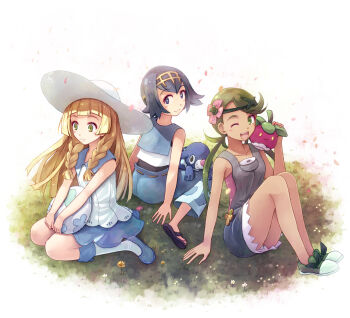 3girls baggy_pants blonde_hair blue_eyes blue_hair blue_pants blue_sailor_collar bounsweet braid capri_pants dark-skinned_female dark_skin dress egg flower gen_7_pokemon grass green_eyes green_hair hair_flower hair_ornament hairband hat lana_(pokemon) lillie_(pokemon) long_hair mallow_(pokemon) multiple_girls nintendo one_eye_closed open_mouth overalls pants pokemon pokemon_(anime) pokemon_(creature) pokemon_sm_(anime) popplio sailor_collar sandals short_hair sitting sleeveless sleeveless_dress sun_hat trial_captain twin_braids twintails white_dress white_hat yakka