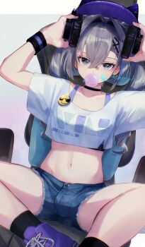 Rule 34 | 1girl, alternate costume, black socks, chair, cropped shirt, denim, denim shorts, gaming chair, grey eyes, grey hair, hair ornament, hairclip, hands up, highres, honkai: star rail, honkai (series), ikanago eak, looking at viewer, navel, on chair, purple shoes, shirt, shoes, short sleeves, shorts, silver wolf (honkai: star rail), simple background, sitting, socks, solo, stomach, swivel chair, white shirt