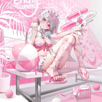 1girl blush breasts flip-flops food frilled_thigh_strap glasses grey_hair highres ice_cream lowro_(en) original pink_eyes sandals sitting solo stomach swimsuit thigh_strap water_balloon water_gun