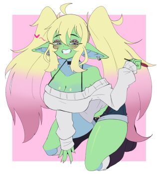 Rule 34 | 1girl, ahoge, bare shoulders, belt, black boots, blonde hair, blue eyes, blue shorts, blush, boots, borrowed character, breasts, choker, cleavage, colored skin, crop top, doce, earrings, eyeshadow, fangs, female focus, female goblin, fingernails, full body, goblin, gradient hair, green skin, grin, hair between eyes, heart, highres, jewelry, long fingernails, long hair, looking at viewer, makeup, midriff, monster girl, multicolored hair, narrowed eyes, original, pink background, pink hair, pink nails, pointy ears, seiza, shirt, short shorts, shorts, sitting, smile, solo, twintails, white shirt