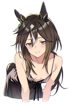 1girl black_dress breasts brown_eyes brown_hair collarbone commentary_request dress ear_ornament highres horse_girl long_hair looking_at_viewer sleeveless sleeveless_dress small_breasts smile solo stay_gold_(umamusume) umamusume urururike