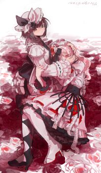 1girl 1other akiyama_mizuki blood bob_cut boots brown_eyes brown_hair commentary crinoline dress english_commentary flower hat high_heel_boots high_heels highres keikyoku_no_machi_wa_doko_e_(project_sekai) long_sleeves lying melenthropy official_alternate_costume pink_eyes pink_hair project_sekai rose shinonome_ena short_hair white_dress white_hat