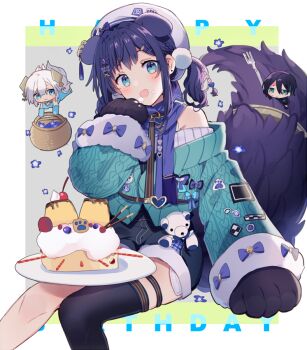 1girl :3 aiba_uiha animal_hands ars_almal asymmetrical_legwear basket beret birthday black_hair black_shorts blonde_hair blue_eyes blush bow braid cake cardigan chibi closed_mouth dog_tail earrings everyone flower food food_on_face fork hair_bow hair_ornament hairclip hat head_tilt holding holding_basket holding_fork invisible_chair jewelry long_hair long_sleeves looking_at_another looking_at_viewer mayuzumi_kai midair multicolored_hair nijisanji open_mouth piercing pom_pom_(clothes) purple_bow purple_flower purple_hair scarf shirt short_hair shorts sidelocks single_thighhigh sitting smile solo streaked_hair stuffed_animal stuffed_toy sweatdrop sweater sweets tail teddy_bear thighhighs twintails virtual_youtuber white_hair white_hat white_shirt