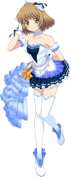 Rule 34 | 1girl, alternate costume, arm behind back, artist request, bare shoulders, blue choker, blue dress, blush, breasts, brown hair, choker, cleavage, cosplay, dress, full body, game cg, gloves, green eyes, hand in own hair, highres, idol, idol clothes, idolmaster, idolmaster cinderella girls, leia rolando, looking at viewer, medium breasts, official art, orange ribbon, ribbon, shoes, short hair, solo, standing, standing on one leg, starry sky bright (idolmaster), tales of (series), tales of asteria, tales of xillia, thighhighs, third-party source, tiara, transparent background, white dress, white gloves, white shoes, white thighhighs