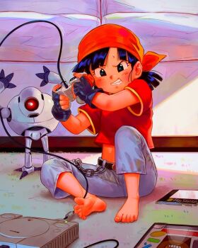 1girl bandana barefoot black_eyes black_gloves black_hair blue_pants child controller denim dragon_ball dragon_ball_gt feet fingerless_gloves game_console game_controller giru_(dragon_ball) gloves headscarf idfer jeans midriff orange_headwear pan_(dragon_ball) pants playing_games playstation_1 red_shirt robot shirt short_hair short_sleeves soles sony sweat toes
