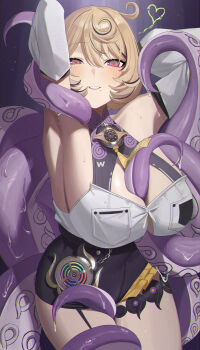 1girl absurdres arm_up armpits asymmetrical_shorts bare_shoulders black_hat blonde_hair blush breasts detached_sleeves hat highres large_breasts looking_at_viewer mm_(mhm2592) mole mole_under_mouth monster_girl purple_eyes short_hair shorts smile solo tentacle_between_breasts tentacle_girl tentacle_tail tentacles thighhighs yidhari_murphy zenless_zone_zero