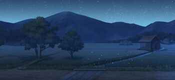 bridge cloud field fireflies game_cg grass hut mountain night no_humans non-web_source official_art outdoors path road scenery sky star_(sky) starry_sky stream touhou touhou_gensou_eclipse tree water_wheel wooden_bridge