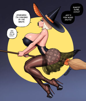 1girl artist_name ass bimbofication black_shoes blonde_hair broom broom_riding brown_thighhighs courtney_(fellatrix) covered_erect_nipples english_text fellatrix from_side hat high_heels highres original see-through_clothes see-through_thighhighs shoes short_hair sparkle speech_bubble thighhighs witch_hat