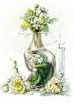 1girl candle commentary dress fire flower full_body green_dress green_eyes green_hair hat highres hugging_own_legs in_container kaogumaster knees_up long_dress long_sleeves looking_at_viewer medium_hair paper_texture sitting smoke smoke_trail soga_no_tojiko solo symbol-only_commentary tate_eboshi touhou vase white_background white_flower