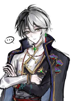 Rule 34 | ..., 1boy, absurdres, bead necklace, beads, black coat, black hair, black shirt, brooch, chinese clothes, chinese commentary, closed mouth, coat, coat on shoulders, collared coat, collared shirt, commentary request, crossed arms, earrings, expressionless, floral print, hair between eyes, high collar, highres, infinity nikki, jade (gemstone), jewelry, lips, long sleeves, male focus, multicolored hair, necklace, nikki (series), print coat, shadiaoyige48830, shirt, short hair, simple background, single earring, solo, speech bubble, split-color hair, spoken ellipsis, tan youyou (infinity nikki), tassel, tassel earrings, two-tone hair, two-tone shirt, upper body, white background, white hair, white shirt, yellow eyes