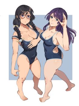 2girls absurdres ass barefoot black_hair blue_background blue_eyes blue_one-piece_swimsuit braid breasts cat_hair_ornament cleavage closed_mouth collarbone commentary competition_swimsuit covered_navel feet firstdayiyui full_body glasses hair_ornament hand_up hanekawa_tsubasa highleg highleg_one-piece_swimsuit highres large_breasts long_hair looking_at_viewer medium_breasts monogatari_(series) multiple_girls one-piece_swimsuit purple_hair red-framed_eyewear senjougahara_hitagi standing strap_slip swimsuit thighs twin_braids two-tone_background white_background