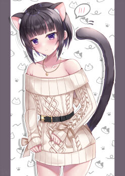 1girl animal_ears animal_print argyle_clothes argyle_sweater armpit_crease belt black_hair blunt_bangs blush cat_ears cat_print cat_tail collarbone commentary_request dress extra_ears highres idolmaster idolmaster_cinderella_girls jewelry kemonomimi_mode long_sleeves necklace off-shoulder_dress off_shoulder paw_print pillarboxed purple_eyes sakura_umi shirayuki_chiyo solo spoken_blush sweatdrop sweater sweater_dress tail thighs white_dress