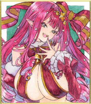 Rule 34 | 1girl, baobhan sith (fate), bare shoulders, bell, blush, bow, breasts, chikinan tarou, cleavage, commentary request, covered erect nipples, detached sleeves, fate/grand order, fate (series), grey eyes, hair ornament, halterneck, highres, jingle bell, large breasts, long hair, looking at viewer, open mouth, painting (medium), pink hair, pointy ears, sidelocks, smile, solo, star (symbol), star hair ornament, thighs, traditional media, watercolor (medium)