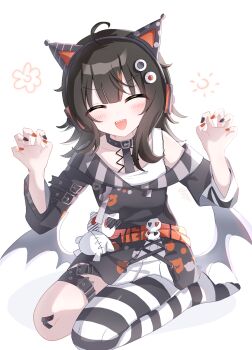 Rule 34 | 1girl, :d, ahoge, animal ear headphones, animal ears, asymmetrical legwear, bat wings, belt, black belt, black collar, black hair, black sweater, cat ear headphones, cat ears, claw pose, closed eyes, collar, commentary request, facing viewer, fake animal ears, fake wings, hands up, headphones, highres, ksjsa, long hair, long sleeves, low wings, mahou shoujo no majo saiban, multicolored hair, open mouth, pantyhose, sawatari coco, sharp teeth, simple background, single leg pantyhose, sitting, smile, solo, streaked hair, striped clothes, striped pantyhose, stuffed animal, stuffed cat, stuffed toy, sweater, teeth, white background, wings