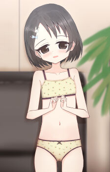 1girl absurdres animal_hair_ornament black_bow blue_bow blush bow bow_panties bra brown_eyes brown_hair cherry_print clothes_writing crotch_seam flat_chest food_print fruit_print hair_bow hair_ornament hairclip highres idolmaster idolmaster_cinderella_girls loli looking_at_viewer navel open_mouth panties plant print_bra print_panties rabbit_hair_ornament sasaki_chie shooko short_hair smile standing underwear yellow_bra yellow_panties