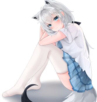 1girl absurdres ahoge animal_ear_fluff animal_ears black_bow blue_skirt blush bow braid commentary_request extra_ears fox_ears fox_girl fox_tail green_eyes hair_between_eyes hair_bow head_rest highres hololive knees_up long_hair looking_at_viewer pleated_skirt shirakami_fubuki shirt sidelocks simple_background single_braid sitting skirt smile solo st-147 tail thighhighs virtual_youtuber white_background white_hair white_shirt white_thighhighs