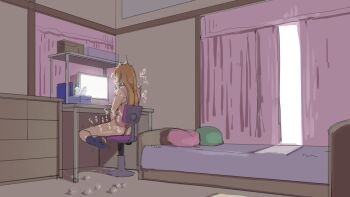 1girl artist_request ass bed bedroom blonde_hair bottomless chair clothed_masturbation computer curtains female_focus female_masturbation female_orgasm full_body highres indoors kneehighs kousaka_kirino long_hair masturbation monitor no_panties on_chair ore_no_imouto_ga_konna_ni_kawaii_wake_ga_nai orgasm pillow sitting socks solo table tagme tissue tissue_box trembling window