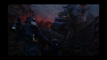 5boys alien astra_militarum barbed_wire caterpillar_tracks combat_helmet commentary death_korps_of_krieg firing gun helmet highres machine_gun manually-operated_mounted_gun multiple_boys orc ork_(warhammer) stahlhelm tibz-ollier trench warhammer_40k weapon