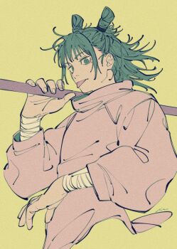 1boy :p arm_up bandaged_arm bandages commentary cropped_torso double_bun fingernails green_eyes green_hair grey_shirt hair_bun highres holding holding_staff holding_weapon jitome jujutsu_kaisen kashimo_hajime long_sleeves looking_down male_focus mim_(mimya0600) shirt simple_background solo staff tongue tongue_out turtleneck weapon yellow_background