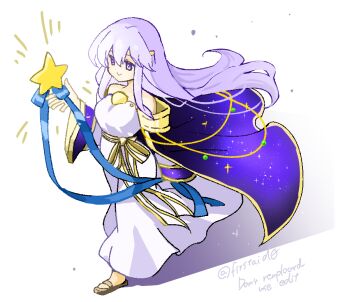 1girl bare_shoulders breasts cape circlet dress fire_emblem fire_emblem:_genealogy_of_the_holy_war julia_(fire_emblem) long_hair medium_breasts nintendo purple_cape purple_eyes sandals sash simple_background smile solo walking yellow_sash yukia_(firstaid0)