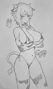 Rule 34 | 1girl, animal ear hairband, animal ears, animal print, bell, bikini, breasts, cow ear hairband, cow ears, cow girl, cow horns, cow print, cow print bikini, cow print gloves, cow print thighhighs, cow tail, cowbell, dante (limbus company), ear tag, fake animal ears, fake horns, faust (project moon), gloves, greyscale, hairband, highleg, highleg bikini, horns, large breasts, limbus company, looking at viewer, monochrome, print bikini, print gloves, print thighhighs, project moon, short hair, side-tie bikini bottom, solo, swimsuit, tail, thighhighs, wateu10