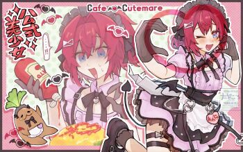 Rule 34 | ..., 0no00on, 1girl, :3, :d, ange katrina, apron, black ribbon, black shoes, black skirt, black wings, blue eyes, blush, bobby socks, border, bottle, brown border, cafe cutemare uniform, chest harness, collar, commentary, demon wings, detached collar, double-parted bangs, double bun, drop shadow, failure, flat chest, food, frilled apron, frilled shirt, frilled skirt, frills, gloves, gradient eyes, green background, grey gloves, grey headdress, grey socks, hair bun, hair intakes, hair ornament, hands up, harness, heart, heart hands invitation, heart pendant, high-waist skirt, highres, holding, holding bottle, ketchup bottle, layered skirt, leg up, looking at object, looking at viewer, looking down, low wings, maid headdress, mandragora, mandragora (ange katrina), mini wings, miniskirt, multicolored eyes, multiple thigh straps, multiple views, name tag, neck ribbon, nijisanji, omelet, omurice, one eye closed, open mouth, outline, outside border, pink background, pink collar, pink eyes, pink shirt, pink skirt, polka dot, polka dot background, puffy short sleeves, puffy sleeves, raised inner eyebrows, red hair, ribbon, see-through clothes, see-through socks, shirt, shirt tucked in, shoes, short sleeves, skirt, smile, socks, speech bubble, spoken ellipsis, sweatdrop, untranslatable commentary, thigh strap, translation request, turn pale, virtual youtuber, waist apron, waitress, watermark, white apron, white outline, wings