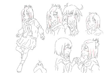 3girls :< ^_^ bangs_pinned_back cardigan closed_eyes creature cropped_torso facing_another flip_flappers full_body holding_hands kokomine_cocona looking_at_another monochrome multiple_girls multiple_views neckerchief nick150iso open_cardigan open_clothes open_mouth papika_(flip_flappers) pleated_skirt profile school_uniform serafuku short_hair side-by-side sketch skirt smile socks uexkull upper_body yayaka