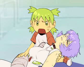 2girls ayanami_rei bandage_over_one_eye bandaged_arm bandages blue_hair bodysuit carrying carrying_person child chronocrump closed_eyes crossover green_eyes green_hair grimace highres koiwai_yotsuba mecha_pilot_suit medium_hair multicolored_shirt multiple_girls neon_genesis_evangelion no_sclera open_mouth pain plugsuit_(evangelion) quad_tails red_shoes red_sleeves serious shirt shoes short_hair short_sleeves shouting simple_background sitting sneakers sweatdrop t-shirt unconscious wariza what white_bodysuit white_shirt wince yotsubato!